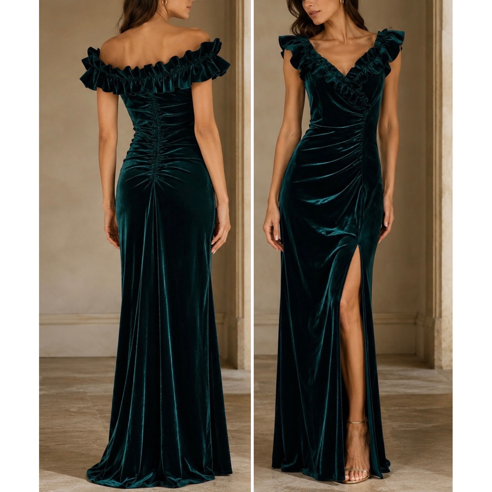 Xscape Hunter Green Velvet Ruffle Off Shoulder Maxi Gown Rc401 Size 14